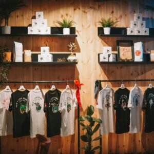 Custom branded merchandise including T-shirts, tote bags, and notebooks for promotions