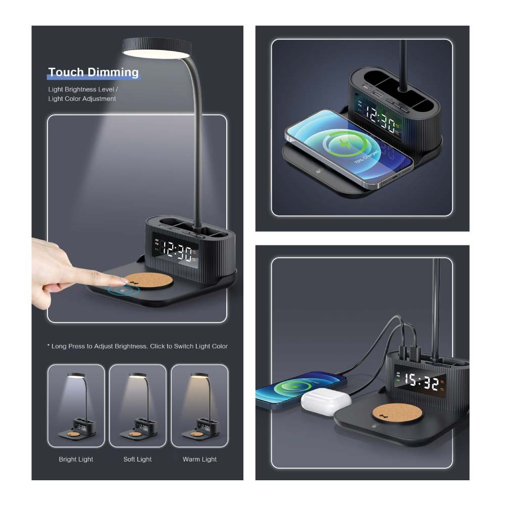 WCP-CLK-03-Desk Lamp with Wireless Charger, Clock, Pen Holder - Image 10