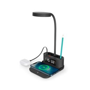 WCP-CLK-03-Desk Lamp with Wireless Charger, Clock, Pen Holder
