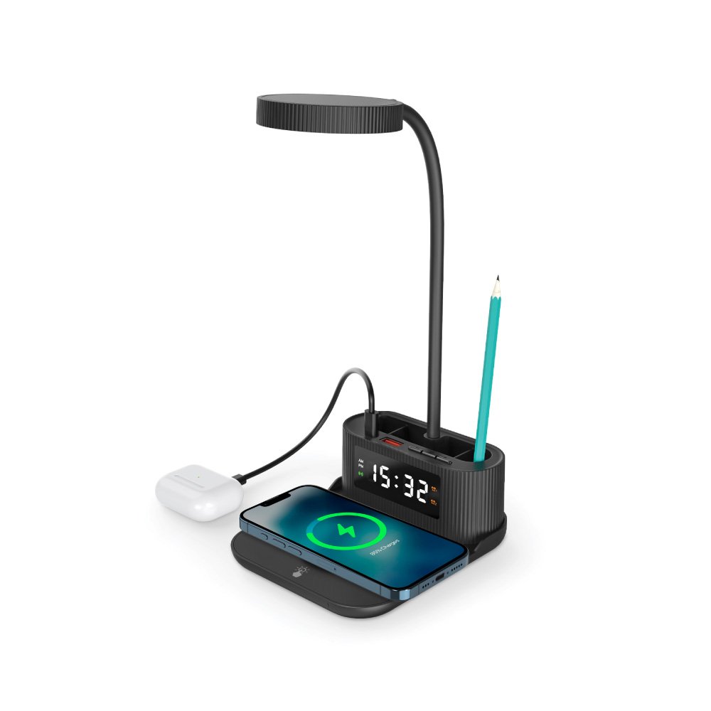 WCP-CLK-03-Desk Lamp with Wireless Charger, Clock, Pen Holder